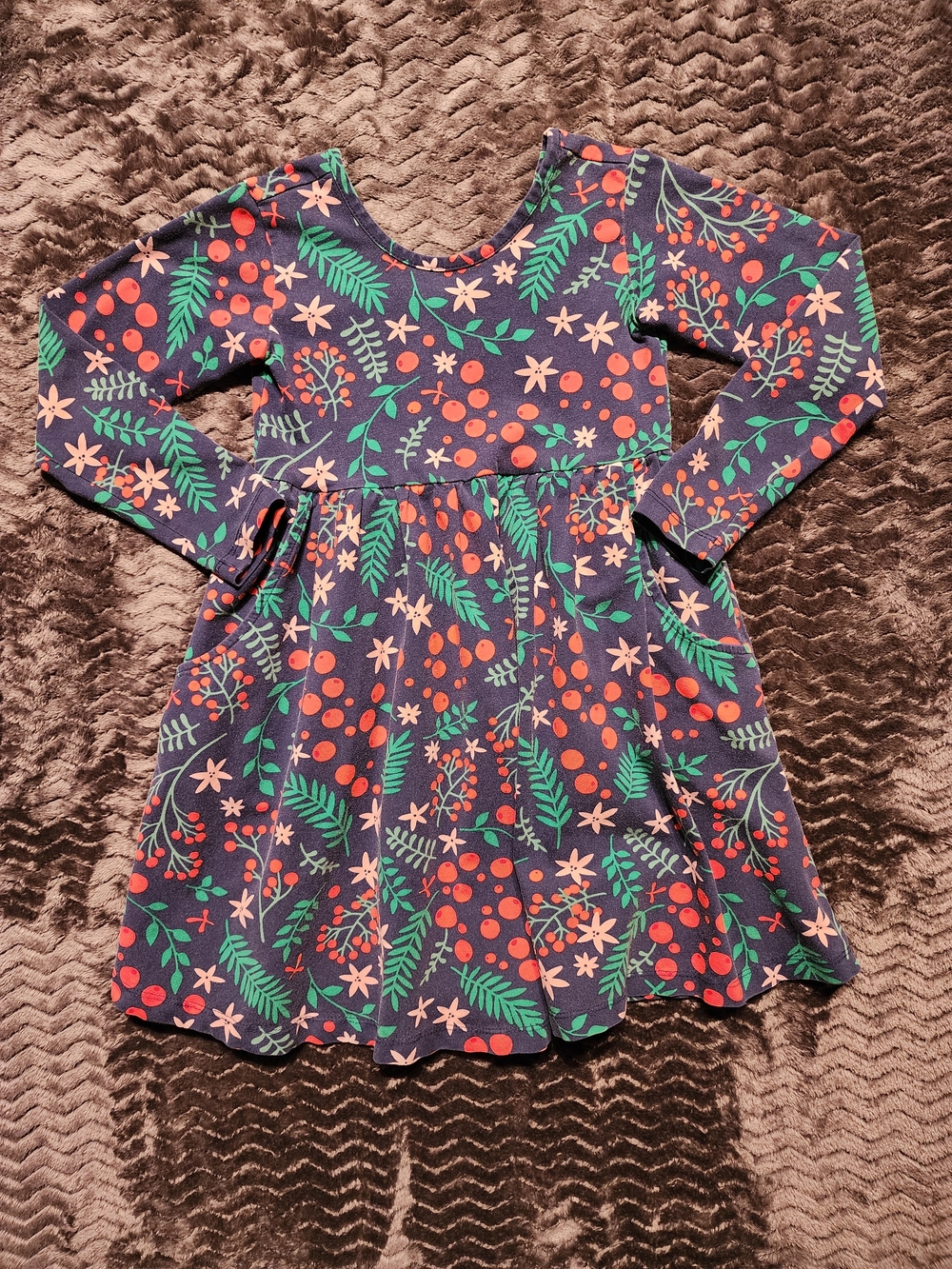 Hanna Andersson Navy Long-Sleeve Dress with Red Berry & Green Leaf Print